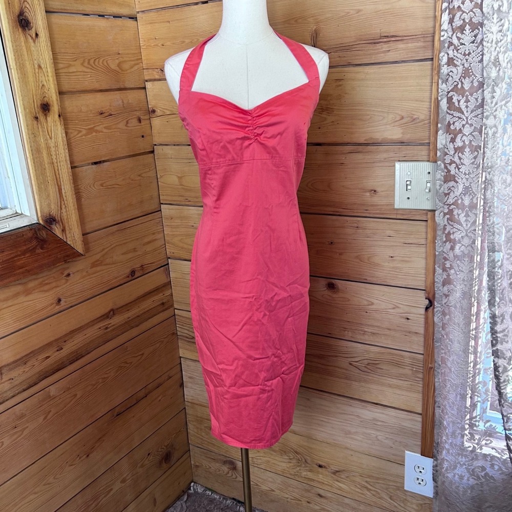 Vintage Halter Wiggle Dress Women Large Coral Pink Ruched Sweetheart Sweet Soul